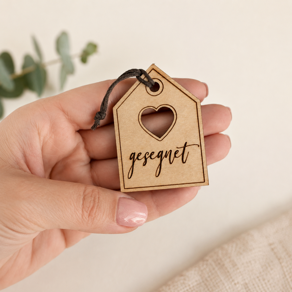 Geschenkanhänger „gesegnet“ aus Holz